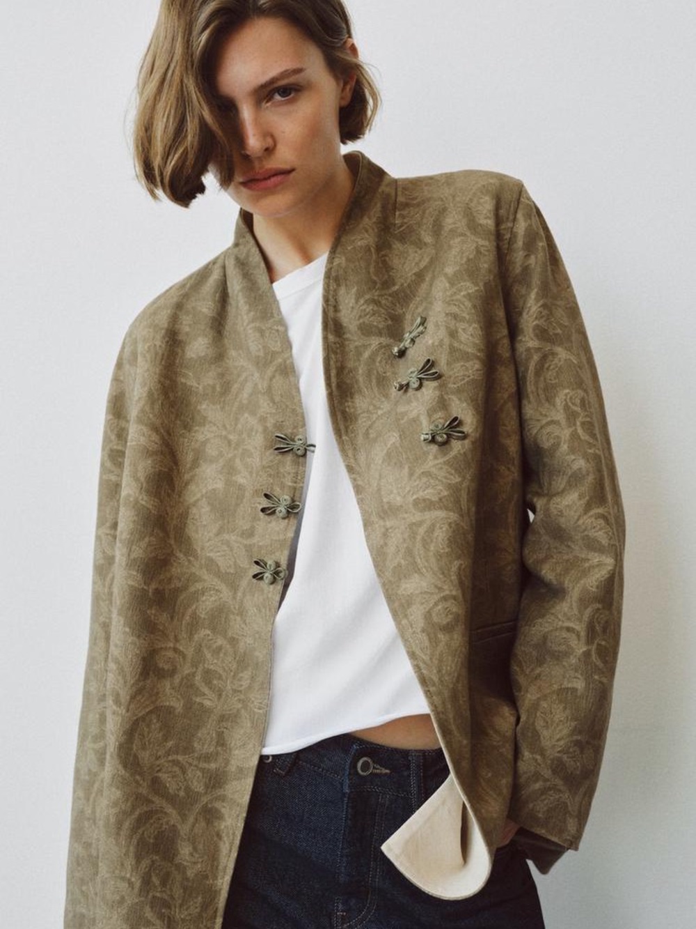Zara Olive Green Brocade Mandarin Collar Jacket